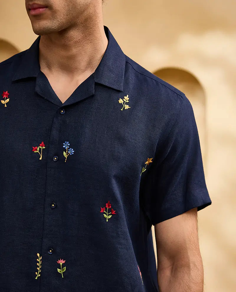 Navy Blue with Minimal Coloured Floral Embroidery Linen Cuban Regular Fit Shirt
