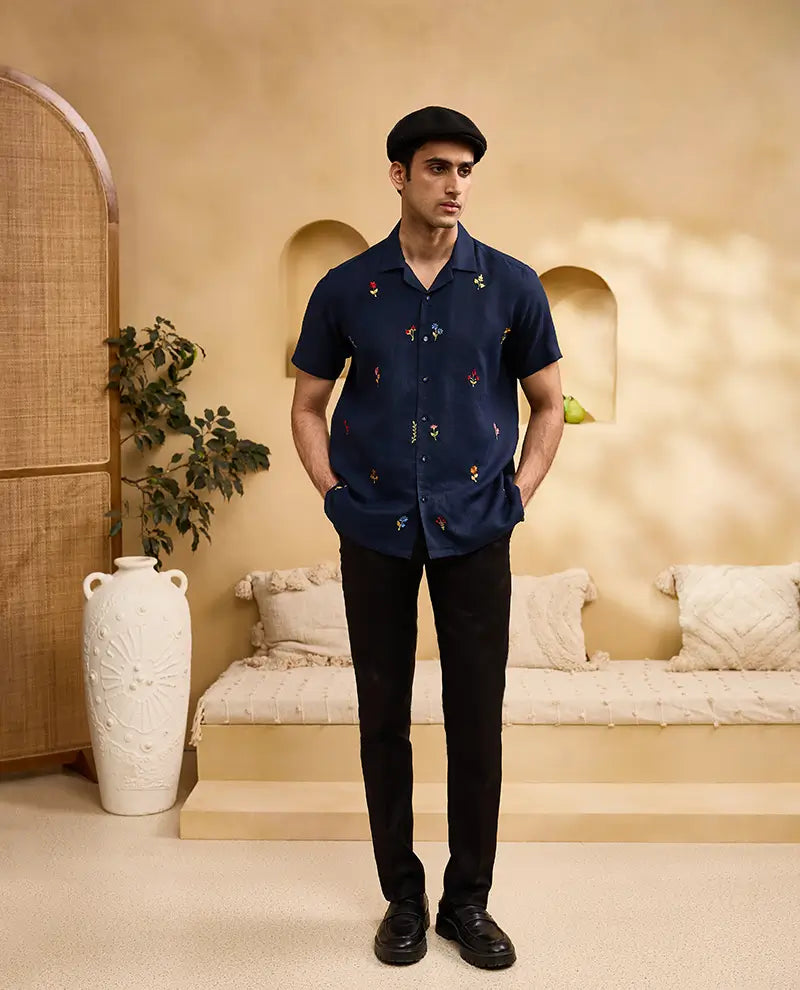 Navy Blue with Minimal Coloured Floral Embroidery Linen Cuban Regular Fit Shirt