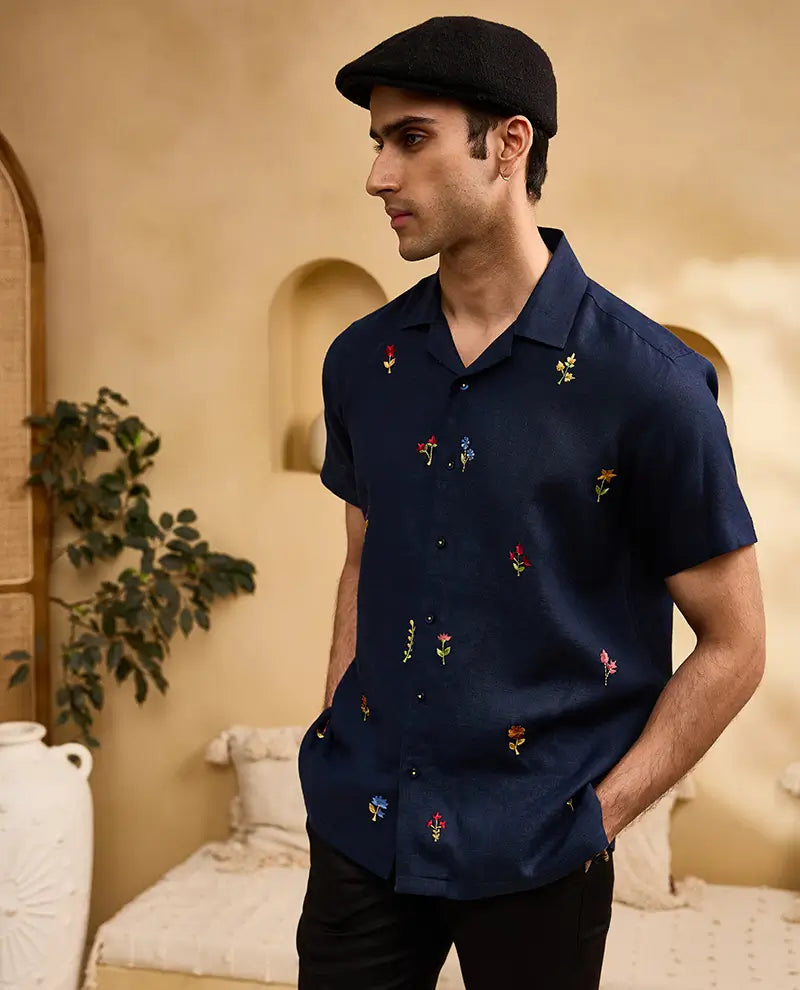 Navy Blue with Minimal Coloured Floral Embroidery Linen Cuban Regular Fit Shirt
