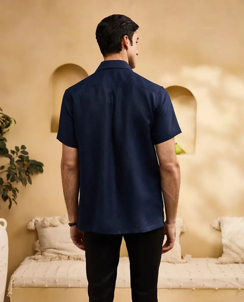 Navy Blue with Minimal Coloured Floral Embroidery Linen Cuban Regular Fit Shirt