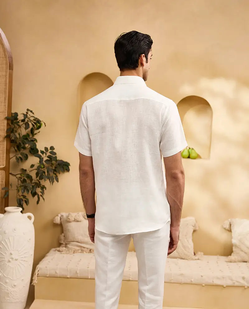 White with Minimal Black Floral Embroidery Linen Regular Fit Shirt