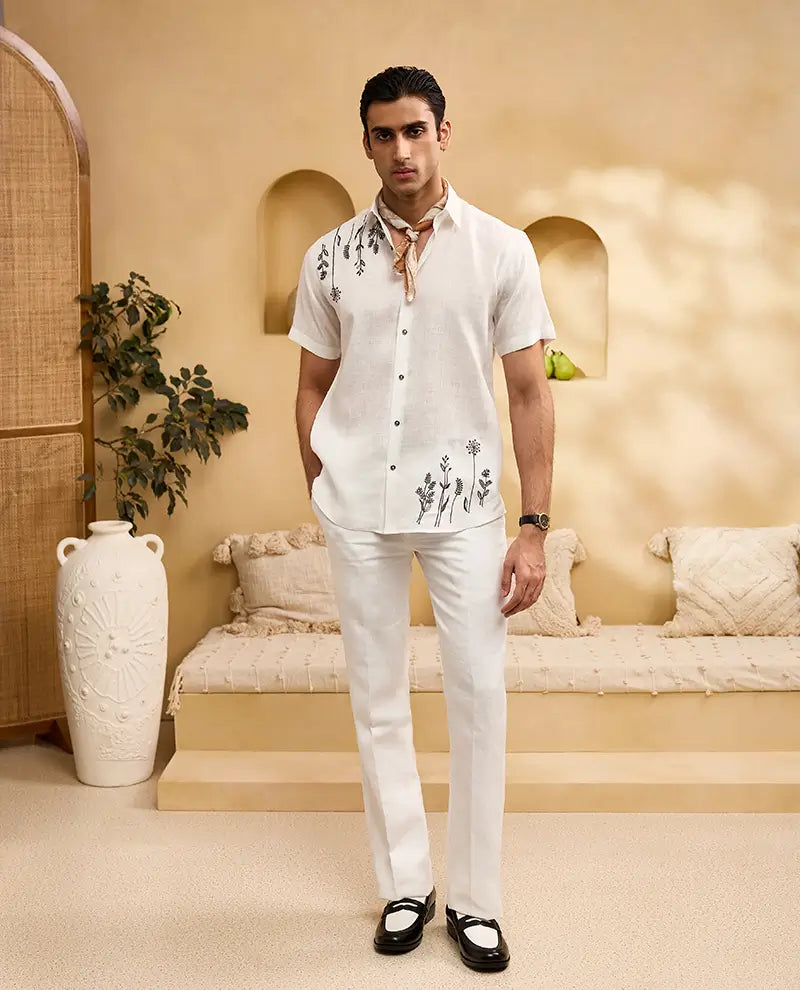 White with Minimal Black Floral Embroidery Linen Regular Fit Shirt