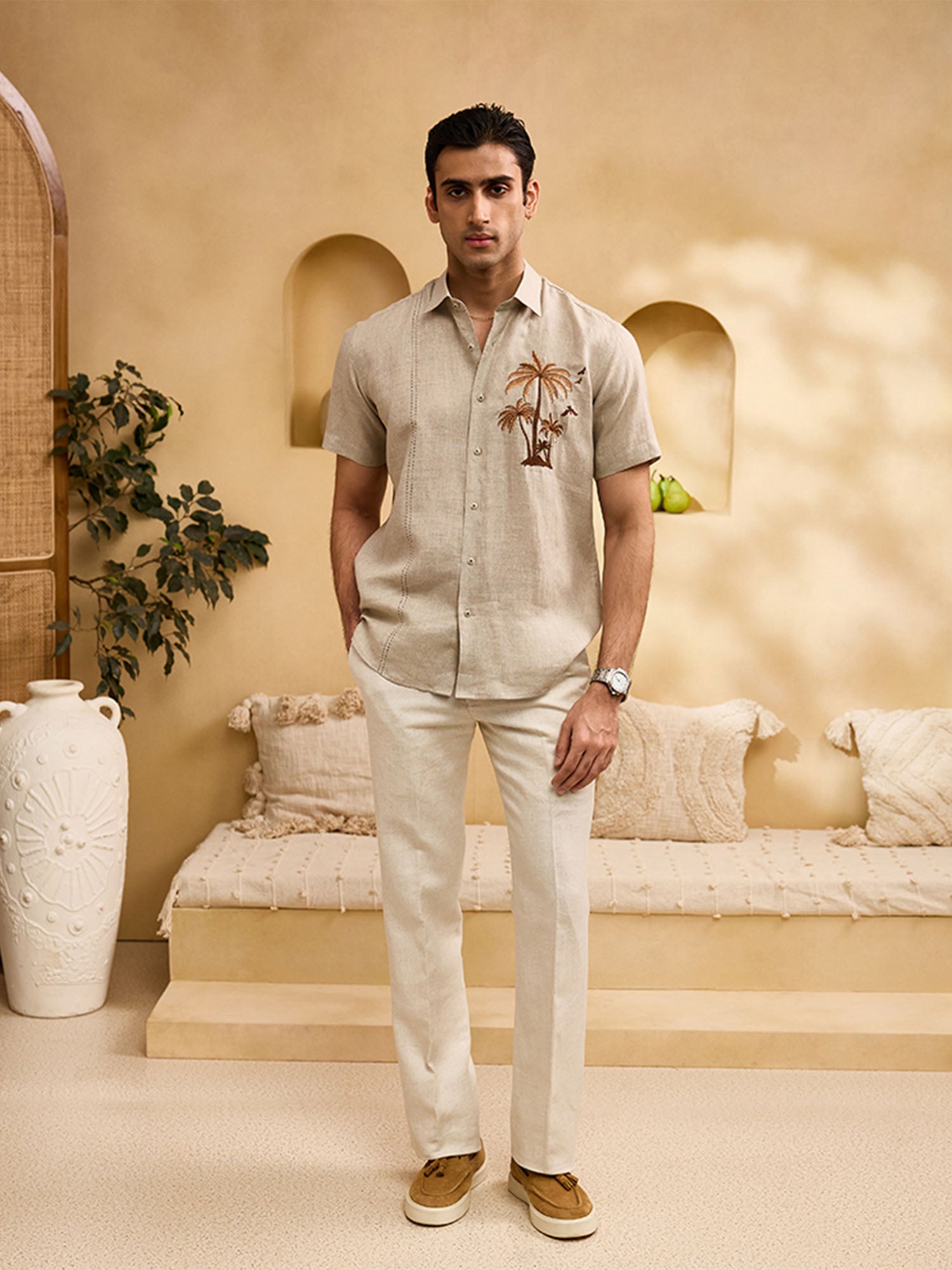 Natural with Brown Palm Trees Embroidery Linen Regular Fit Shirt