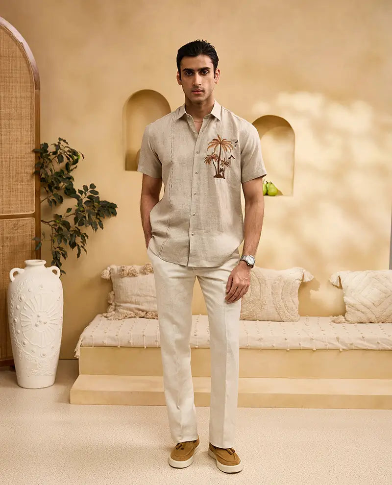 Natural with Brown Palm Trees Embroidery Linen Regular Fit Shirt