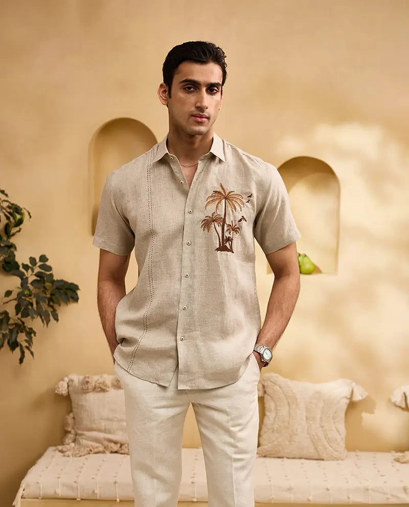 Natural with Brown Palm Trees Embroidery Linen Regular Fit Shirt