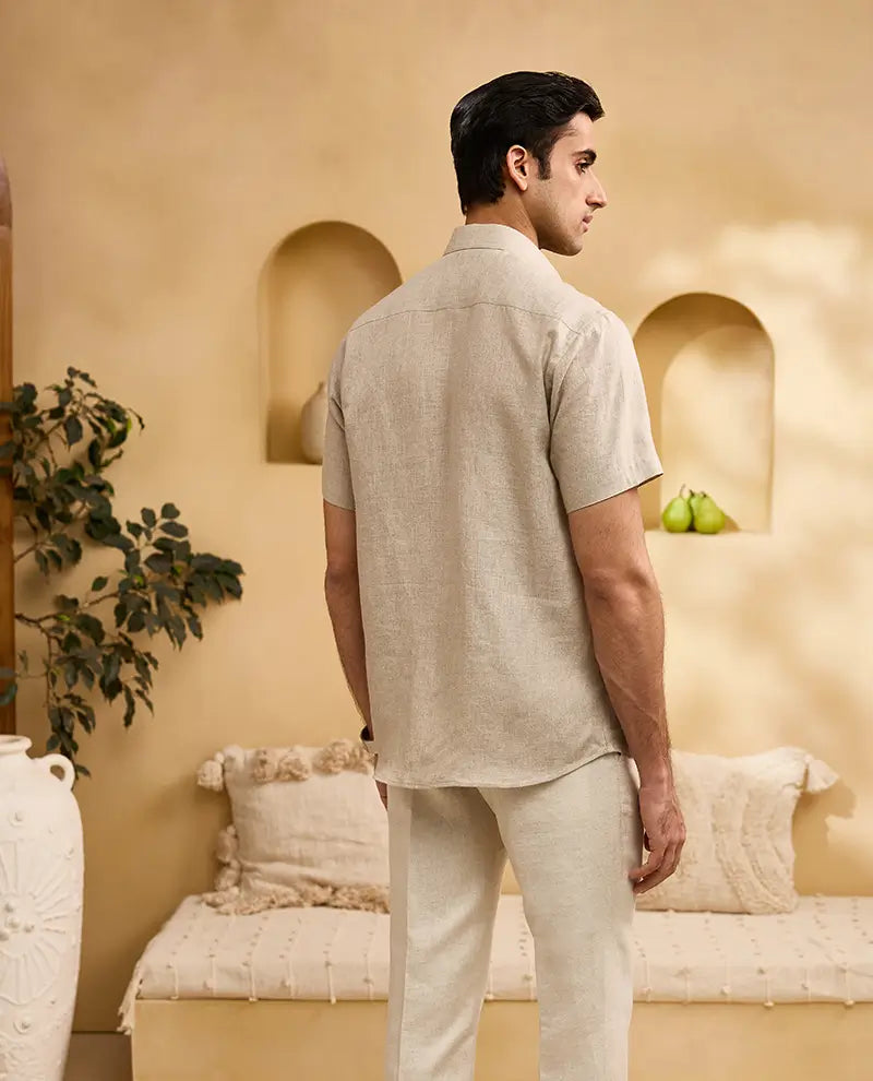 Natural with Brown Palm Trees Embroidery Linen Regular Fit Shirt