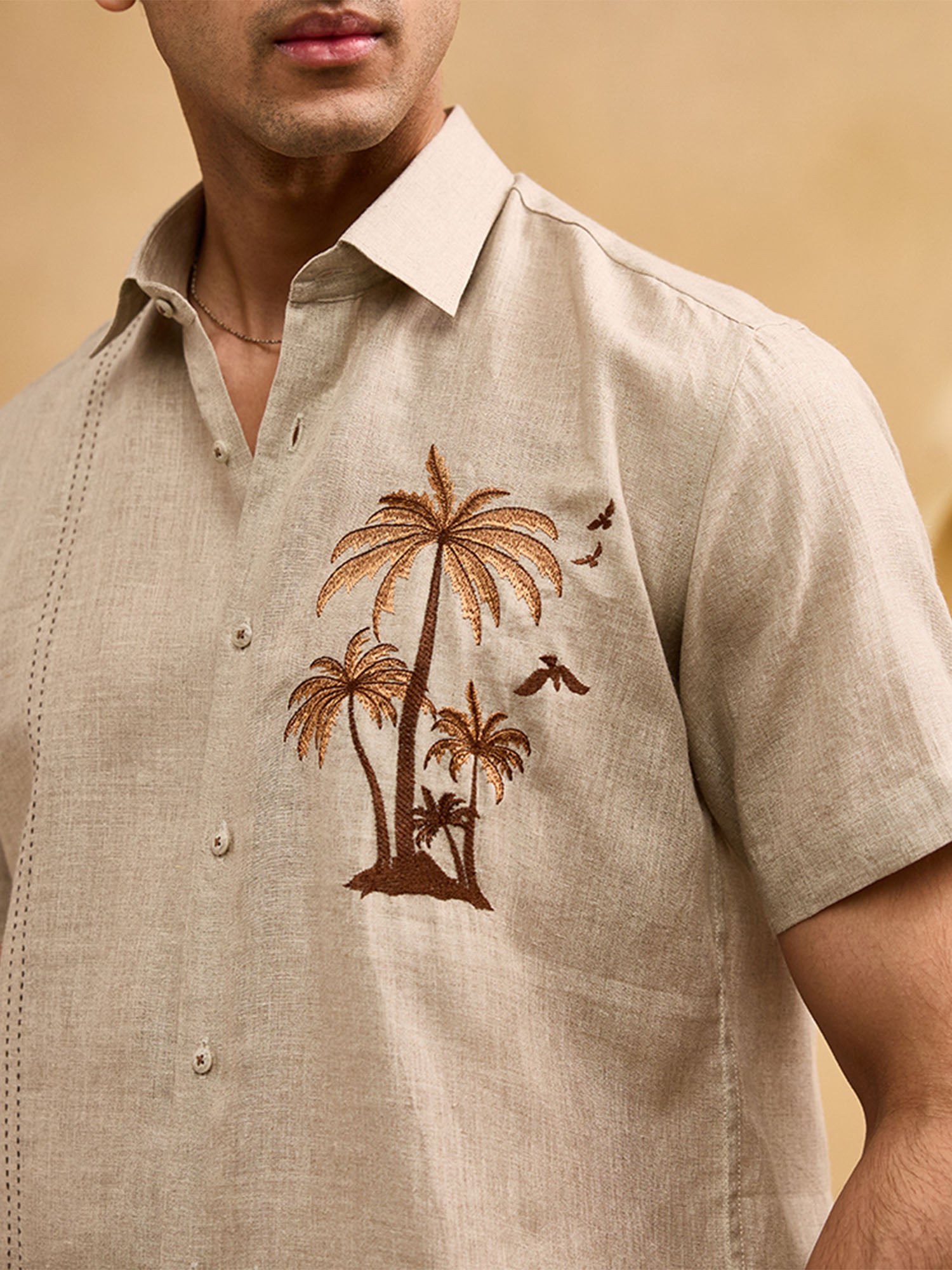 Natural with Brown Palm Trees Embroidery Linen Regular Fit Shirt