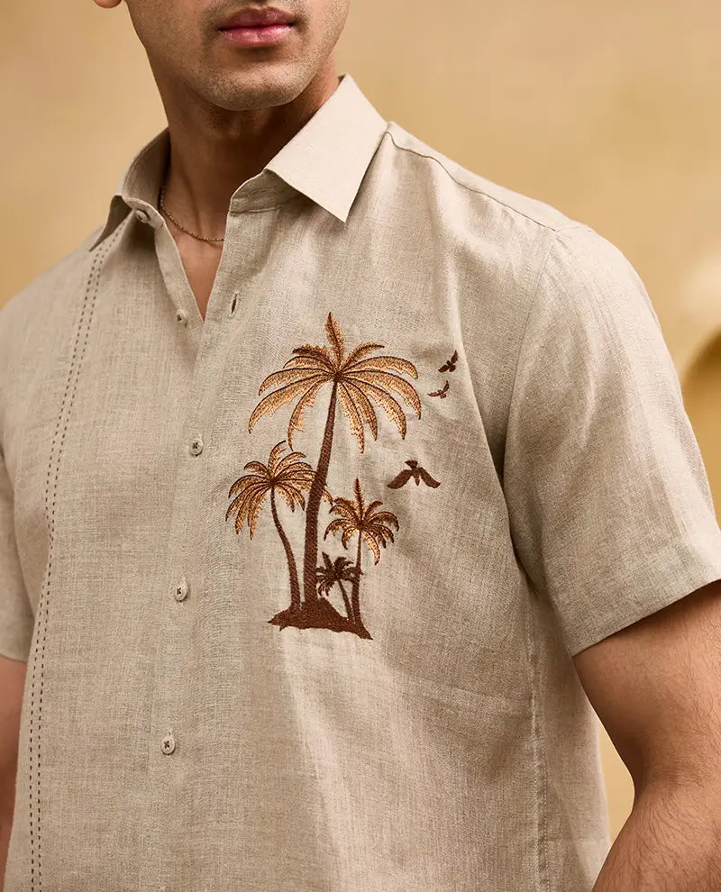 Natural with Brown Palm Trees Embroidery Linen Regular Fit Shirt