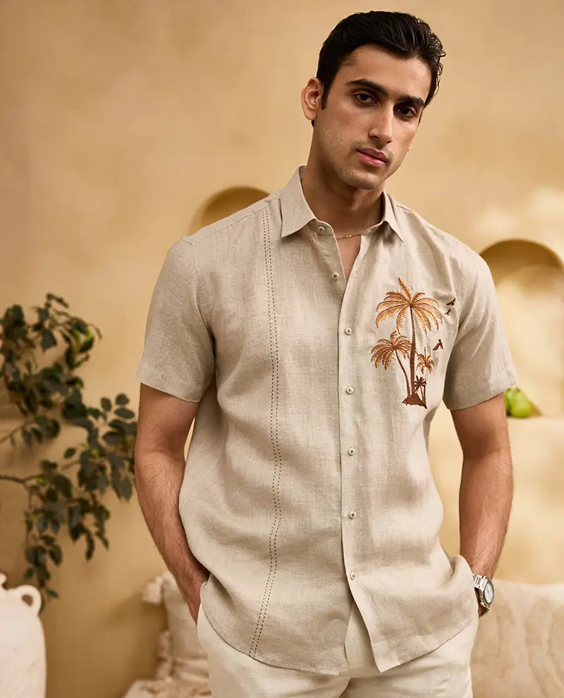 Natural with Brown Palm Trees Embroidery Linen Regular Fit Shirt