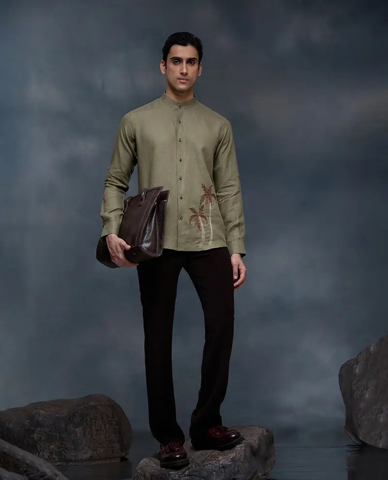 Olive Green Palm Tree Embroidered Linen Slim Fit Shirt