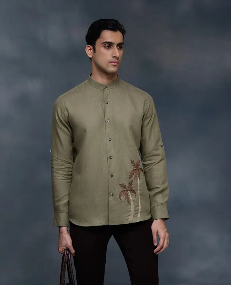 Olive Green Palm Tree Embroidered Linen Slim Fit Shirt