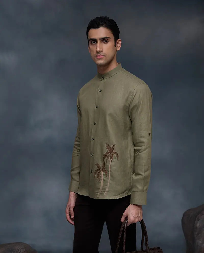 Olive Green Palm Tree Embroidered Linen Slim Fit Shirt