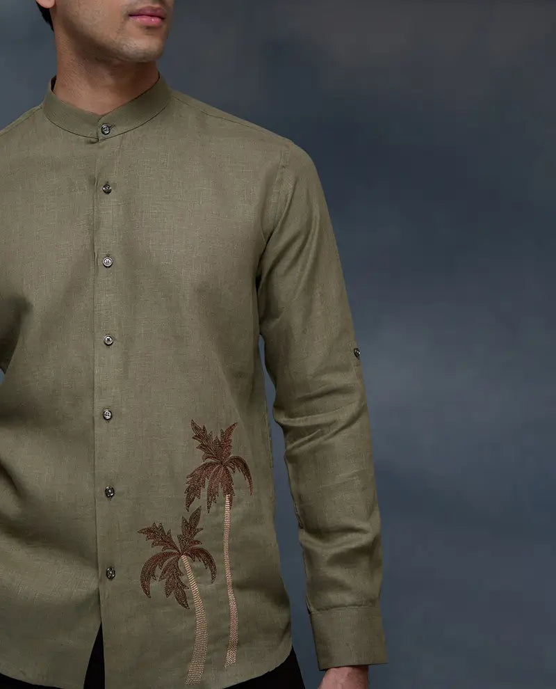 Olive Green Palm Tree Embroidered Linen Slim Fit Shirt