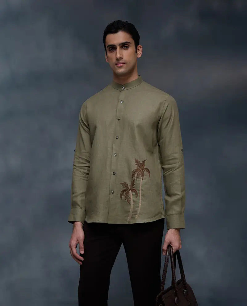 Olive Green Palm Tree Embroidered Linen Slim Fit Shirt