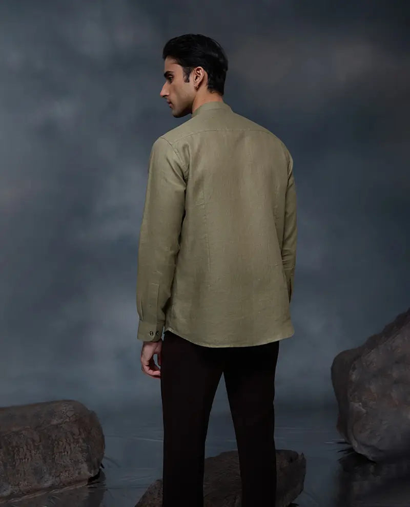 Olive Green Palm Tree Embroidered Linen Slim Fit Shirt