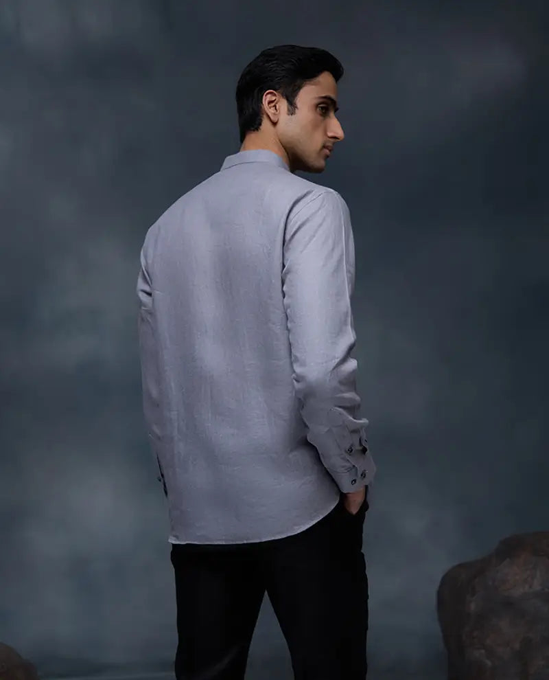 Stone Grey Floral Hand-Painted Linen Kurti-Style Regular Fit Shirt