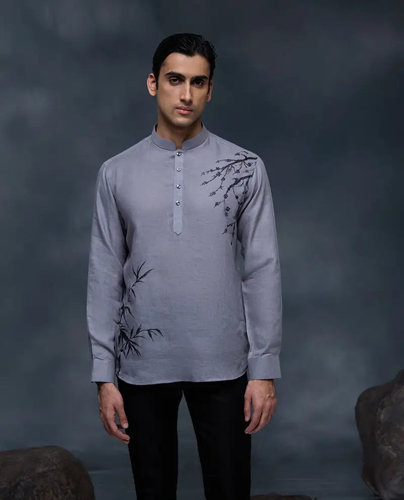 Stone Grey Floral Hand-Painted Linen Kurti-Style Regular Fit Shirt
