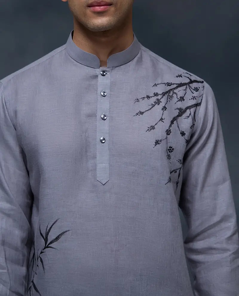 Stone Grey Floral Hand-Painted Linen Kurti-Style Regular Fit Shirt