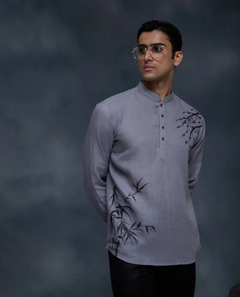 Stone Grey Floral Hand-Painted Linen Kurti-Style Regular Fit Shirt