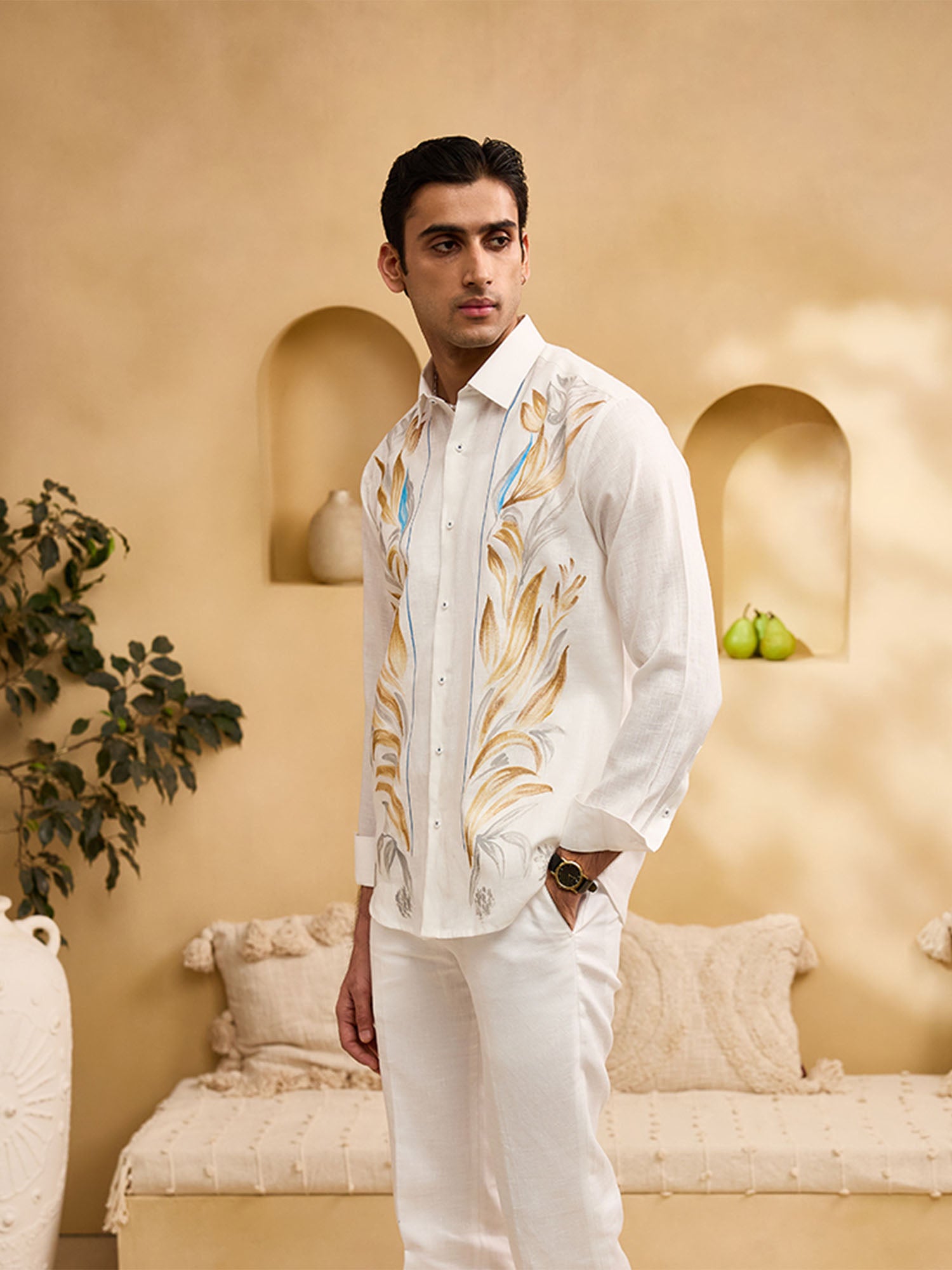 White Hand-Painted Linen Slim Fit Shirt