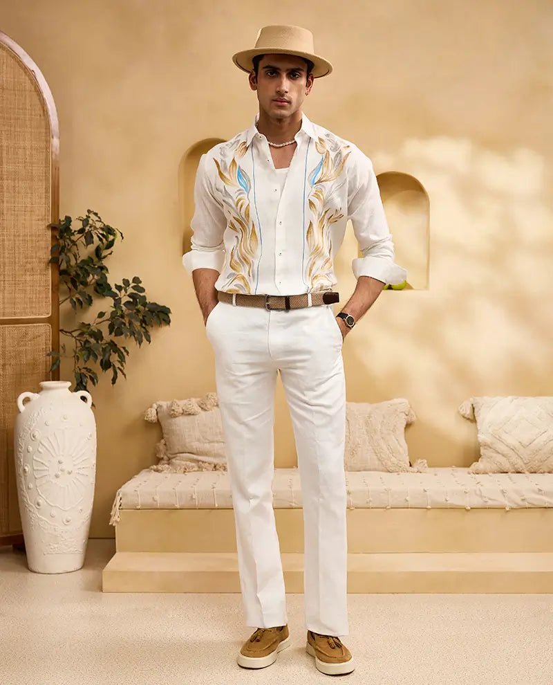 White Hand-Painted Linen Slim Fit Shirt