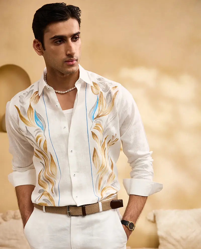 White Hand-Painted Linen Slim Fit Shirt