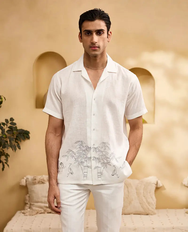 White Minimal Bamboo Embroidery Linen Cuban Regular Fit Shirt