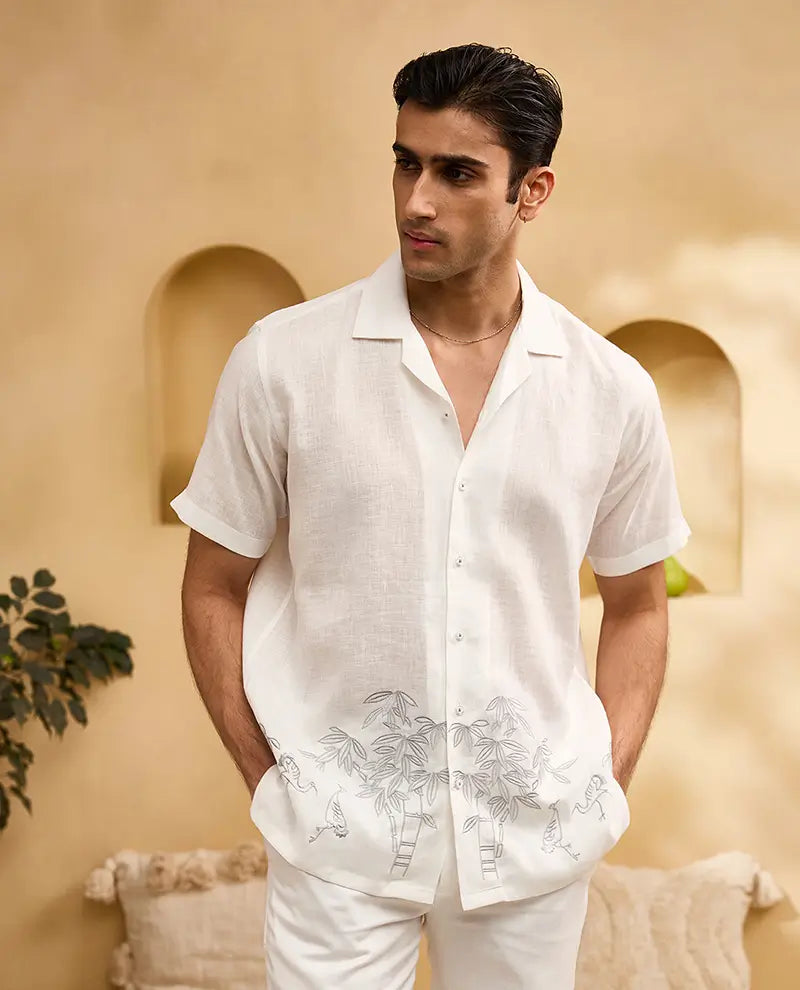 White Minimal Bamboo Embroidery Linen Cuban Regular Fit Shirt