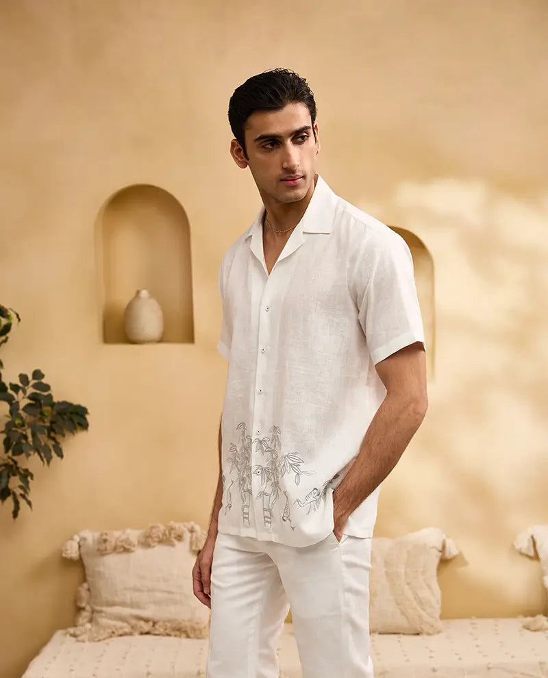 White Minimal Bamboo Embroidery Linen Cuban Regular Fit Shirt