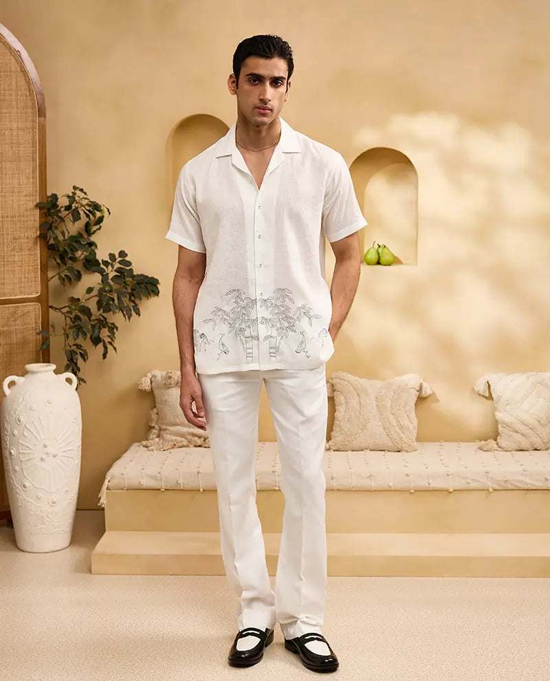 White Minimal Bamboo Embroidery Linen Cuban Regular Fit Shirt