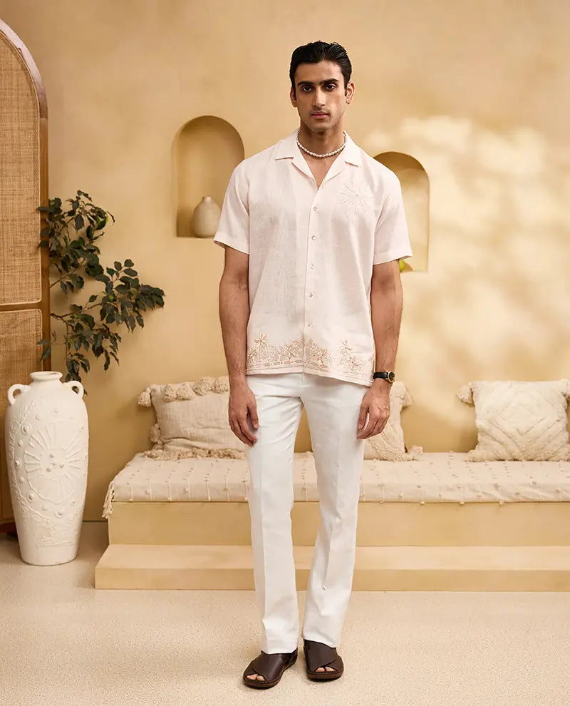 Peach Self-Coloured Floral Embroidery Linen Cuban Regular Fit Shirt