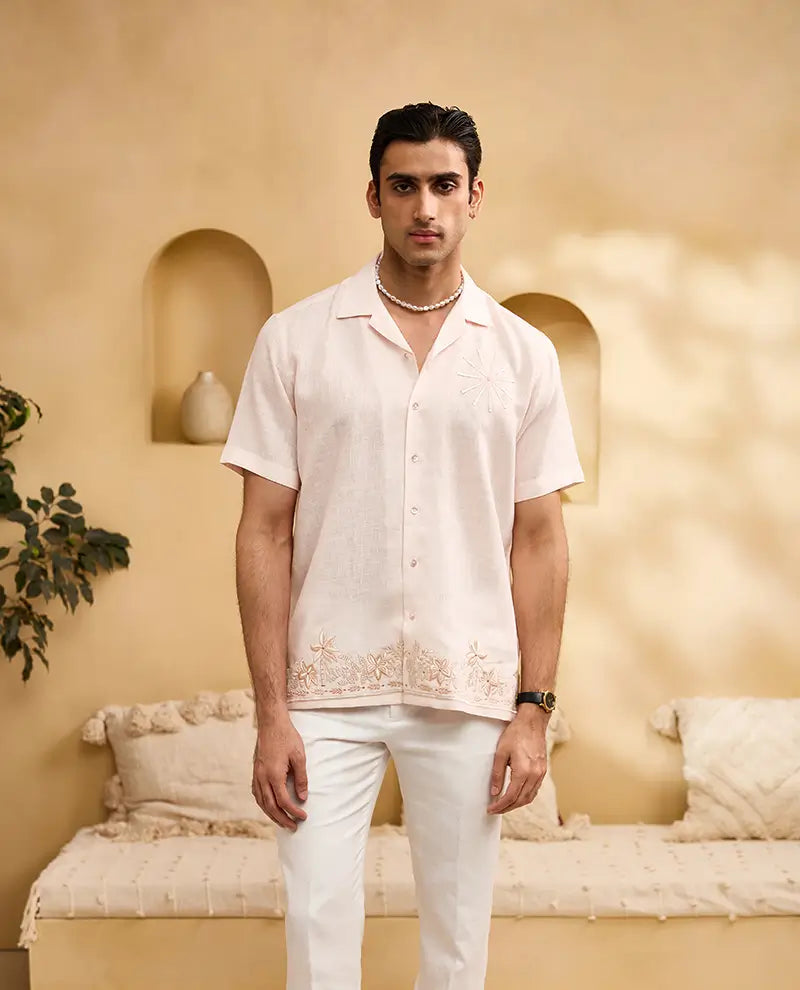 Peach Self-Coloured Floral Embroidery Linen Cuban Regular Fit Shirt