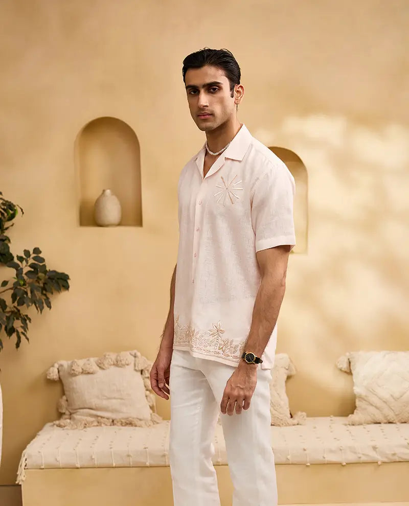Peach Self-Coloured Floral Embroidery Linen Cuban Regular Fit Shirt