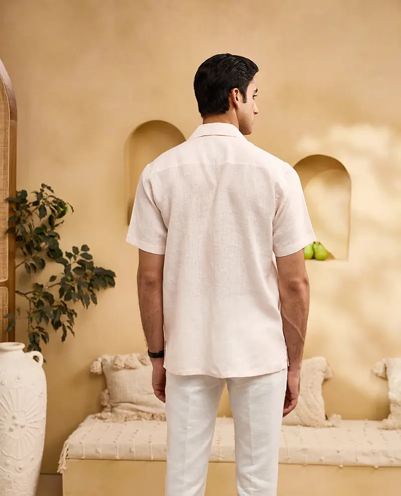 Peach Self-Coloured Floral Embroidery Linen Cuban Regular Fit Shirt