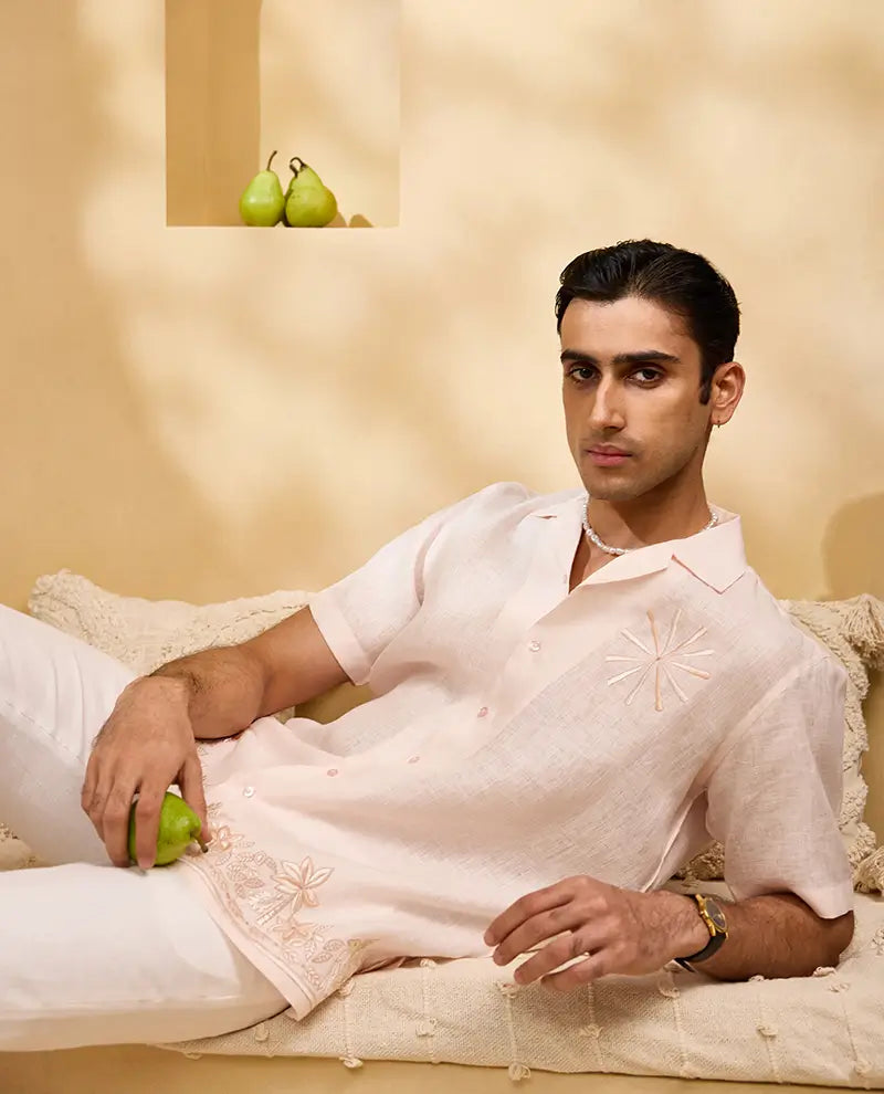 Peach Self-Coloured Floral Embroidery Linen Cuban Regular Fit Shirt