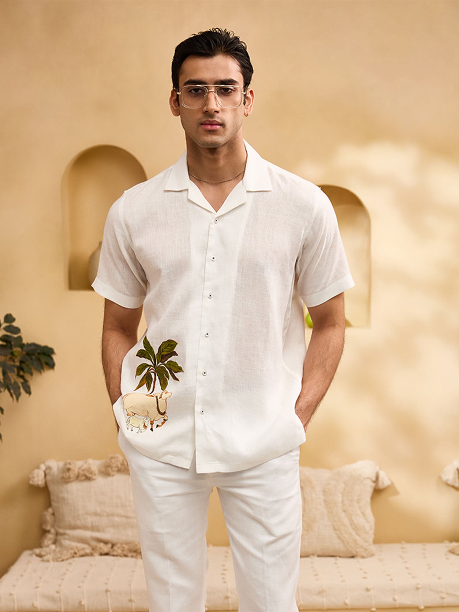 White Pichwai Cow Hand-Painted Linen Cuban Regular Fit Shirt