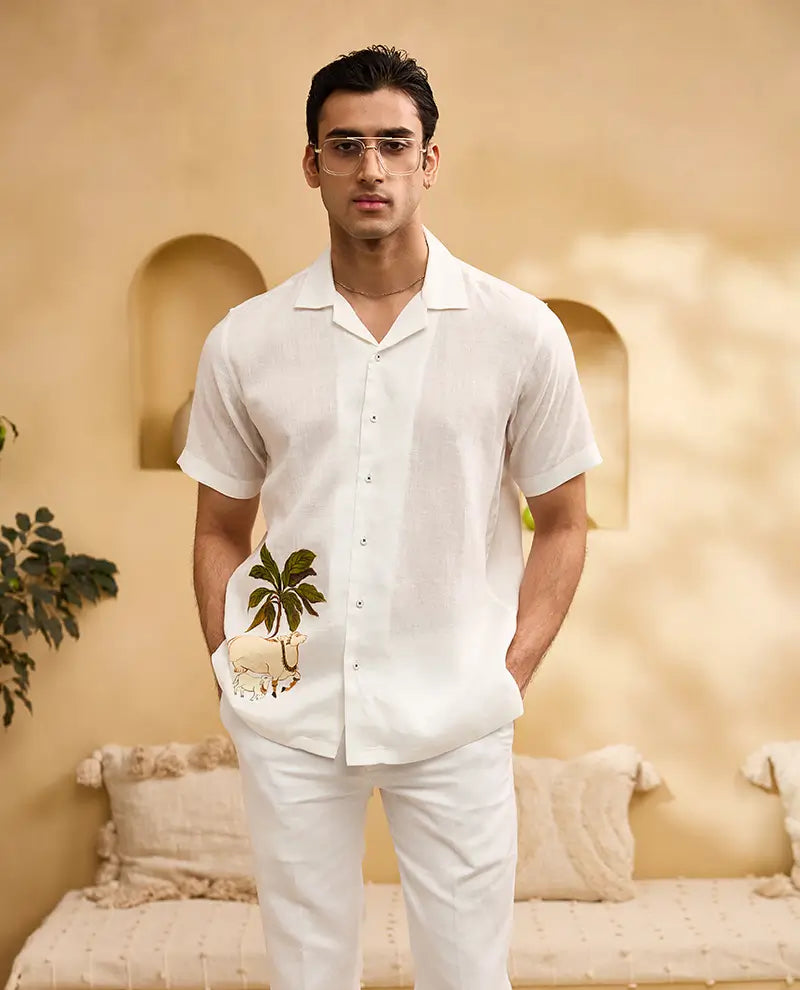 White Pichwai Cow Hand-Painted Linen Cuban Regular Fit Shirt