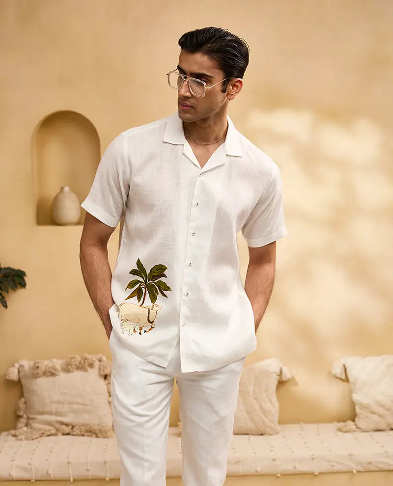 White Pichwai Cow Hand-Painted Linen Cuban Regular Fit Shirt