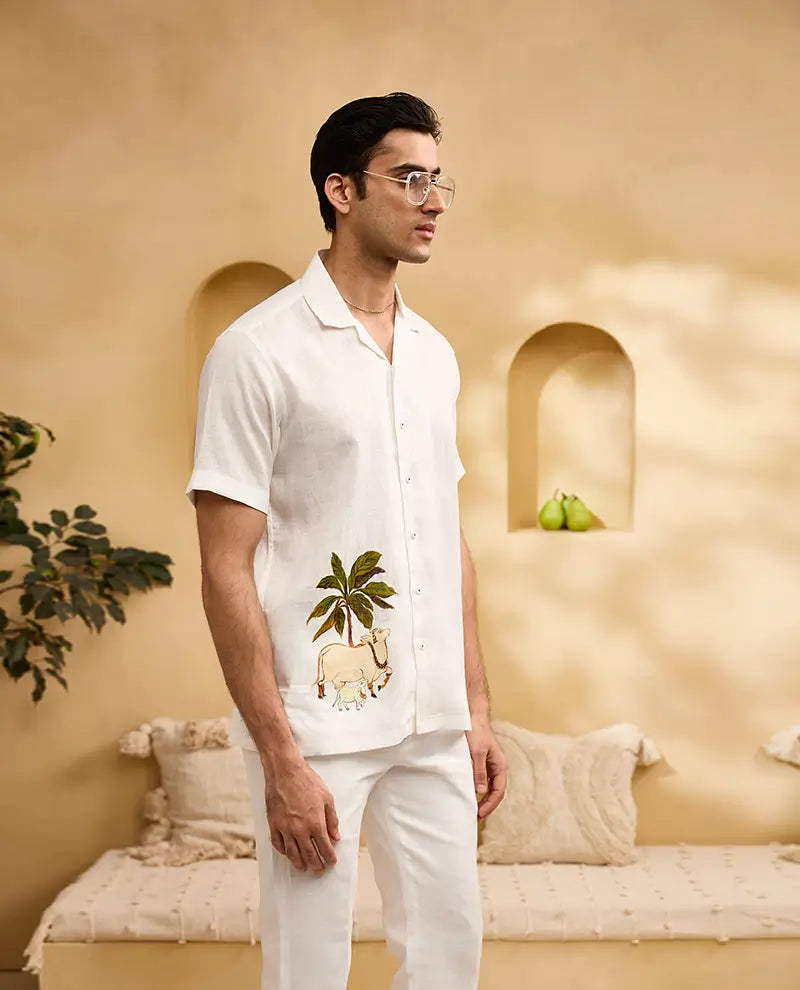 White Pichwai Cow Hand-Painted Print Linen Cuban Regular Fit Shirt