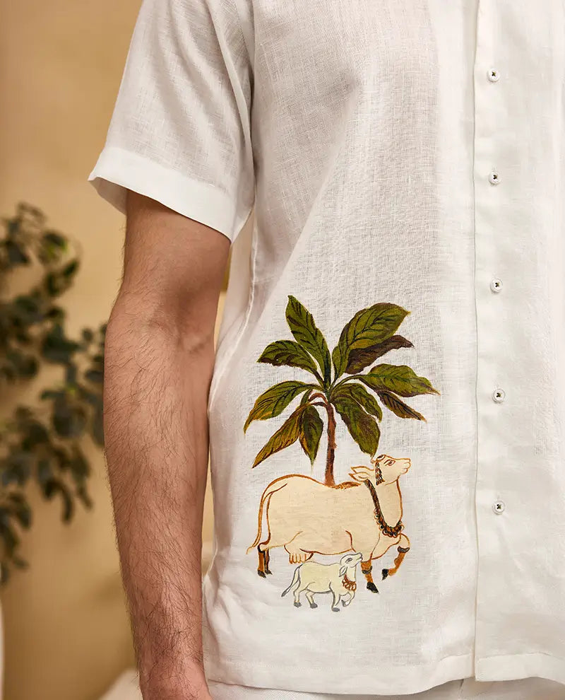 White Pichwai Cow Hand-Painted Linen Cuban Regular Fit Shirt