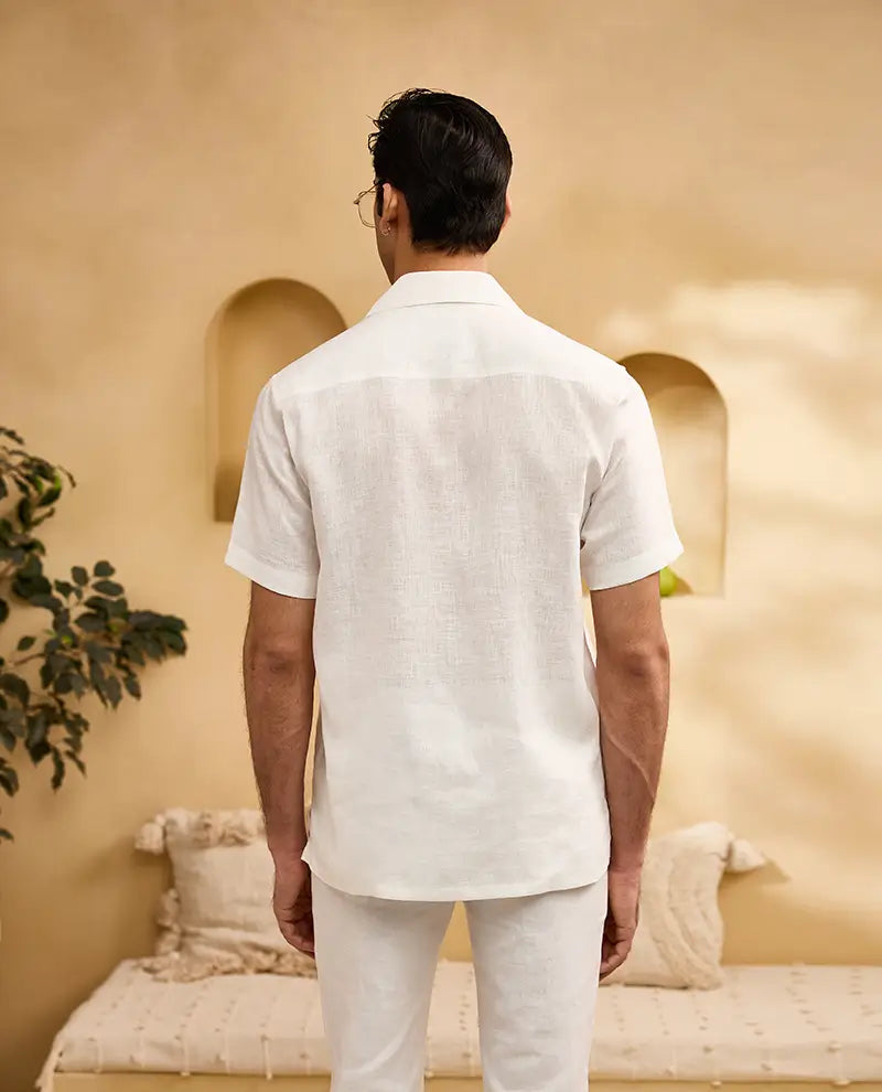 White Pichwai Cow Hand-Painted Print Linen Cuban Regular Fit Shirt