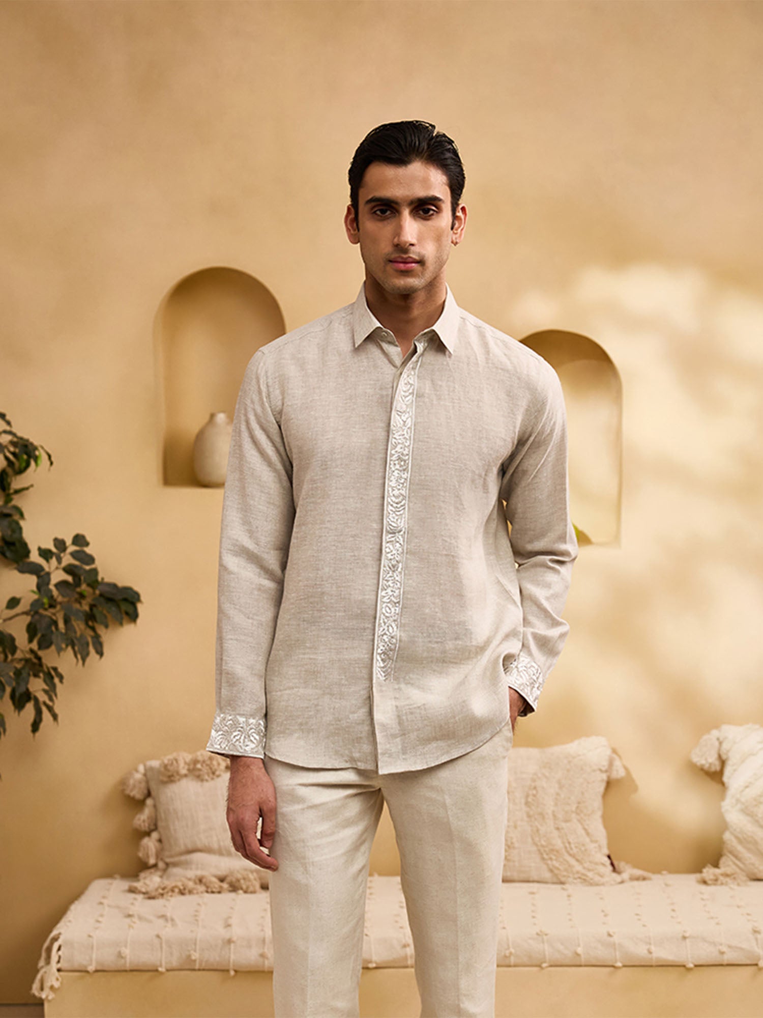 Natural Placard and Sleeve Embroidered Linen Slim Fit Shirt