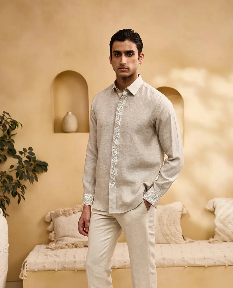 Natural Placard and Sleeve Embroidered Linen Slim Fit Shirt