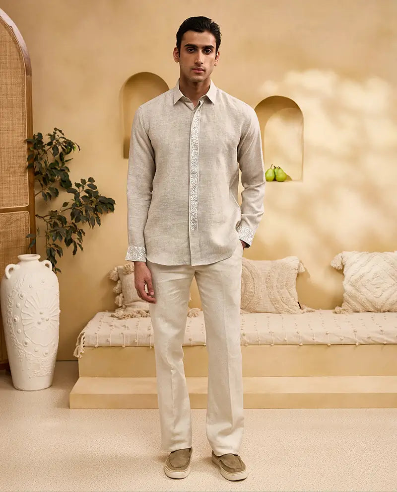 Natural Placard and Sleeve Embroidered Linen Slim Fit Shirt