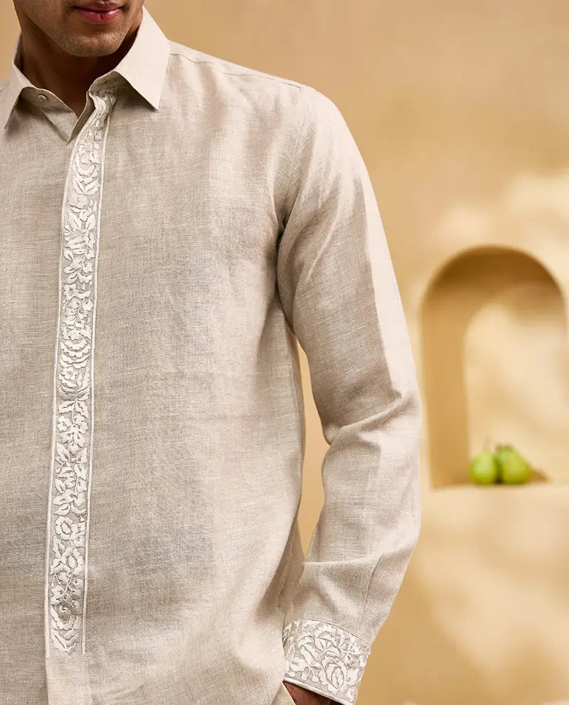 Natural Placard and Sleeve Embroidered Linen Slim Fit Shirt