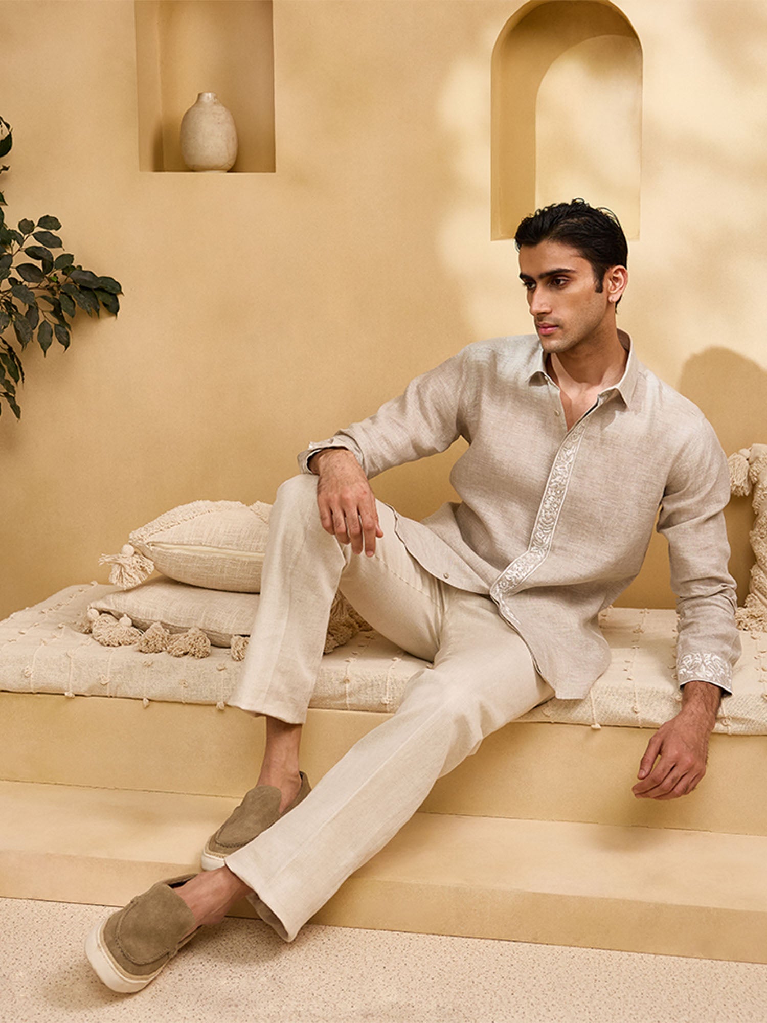 Natural Placard and Sleeve Embroidered Linen Slim Fit Shirt