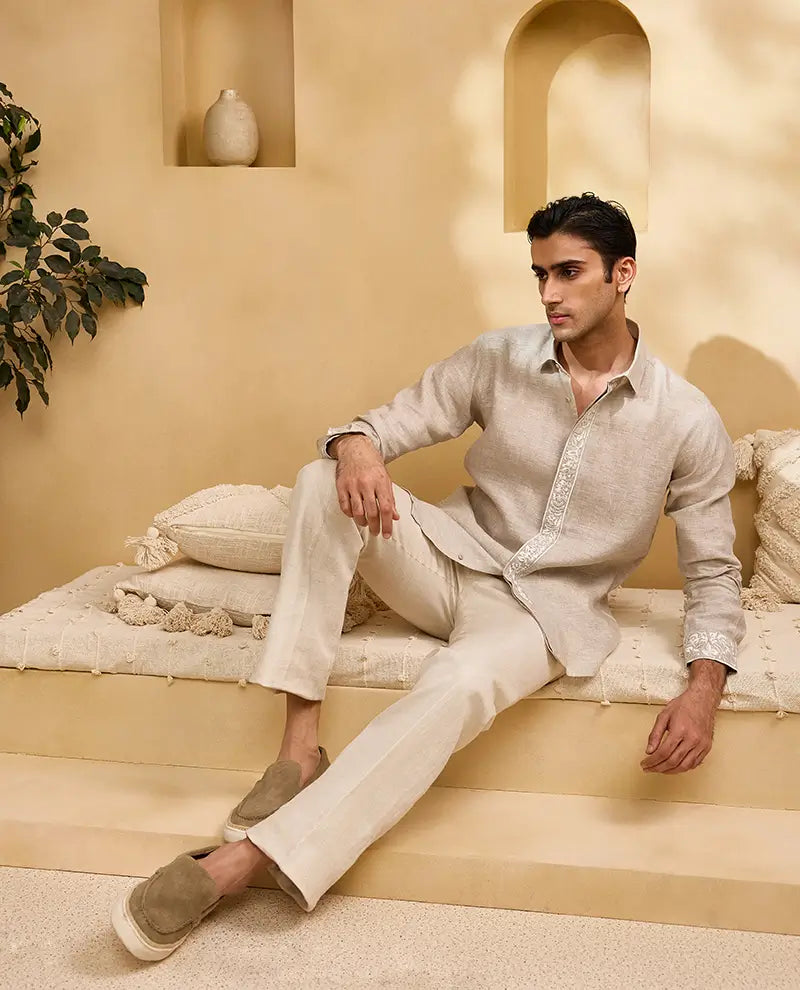 Natural Placard and Sleeve Embroidered Linen Slim Fit Shirt