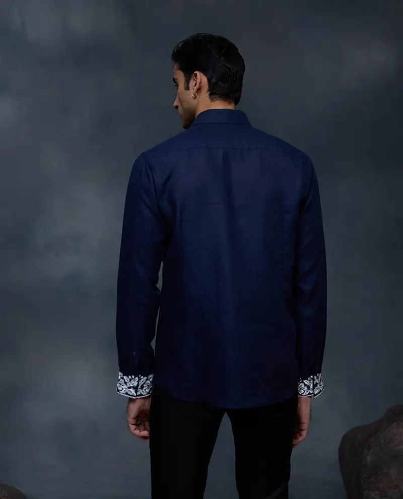 Navy Blue Placard and Sleeve Embroidered Linen Slim Fit Shirt