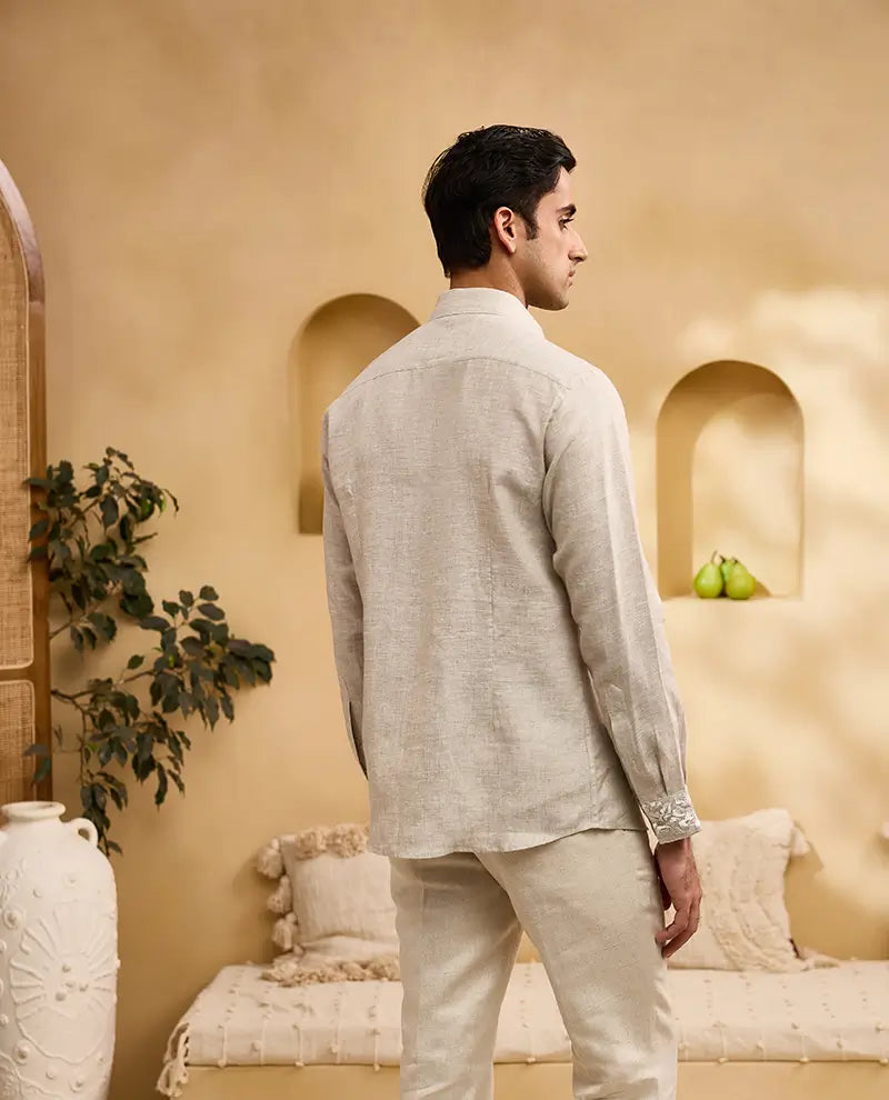 Natural Placard and Sleeve Embroidered Linen Slim Fit Shirt