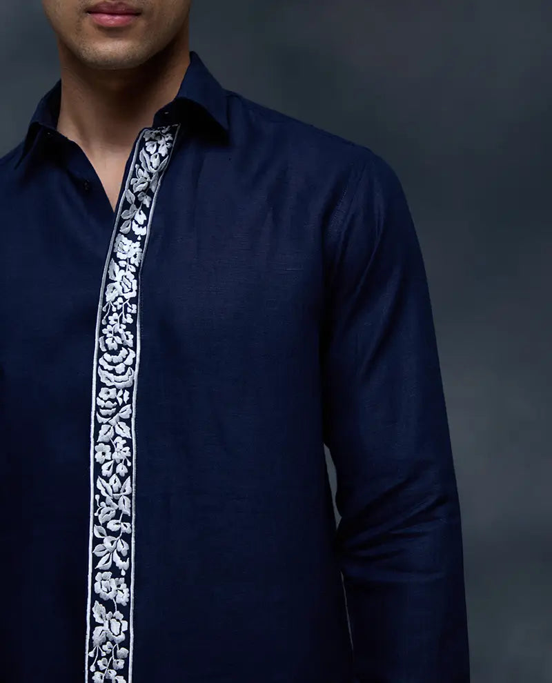 Navy Blue Placard and Sleeve Embroidered Linen Slim Fit Shirt